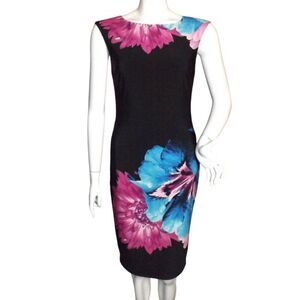 CACHE Dress, 4, Black/Blue & Purple Floral, Sheath, Sleeveless, Knee length
